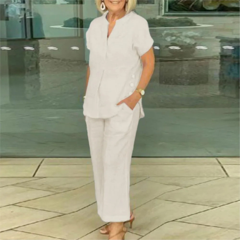 Florette | Cotton Linen Short Sleeve Pocket Shirt & Pants Set