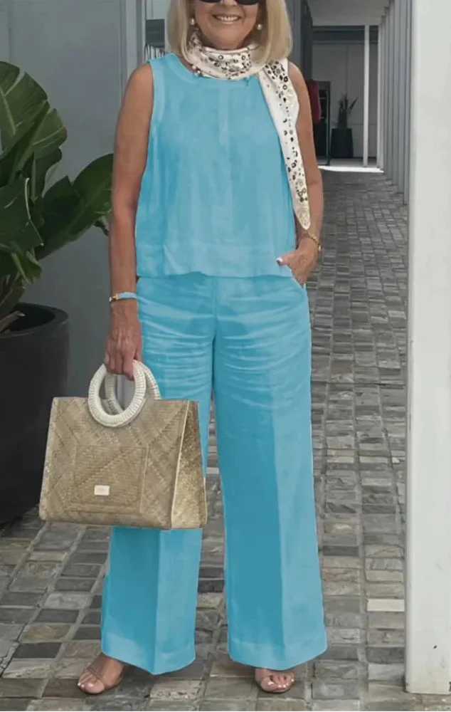 Veradine | Sleeveless Vest & Pocket Trouser Linen Two Piece Set