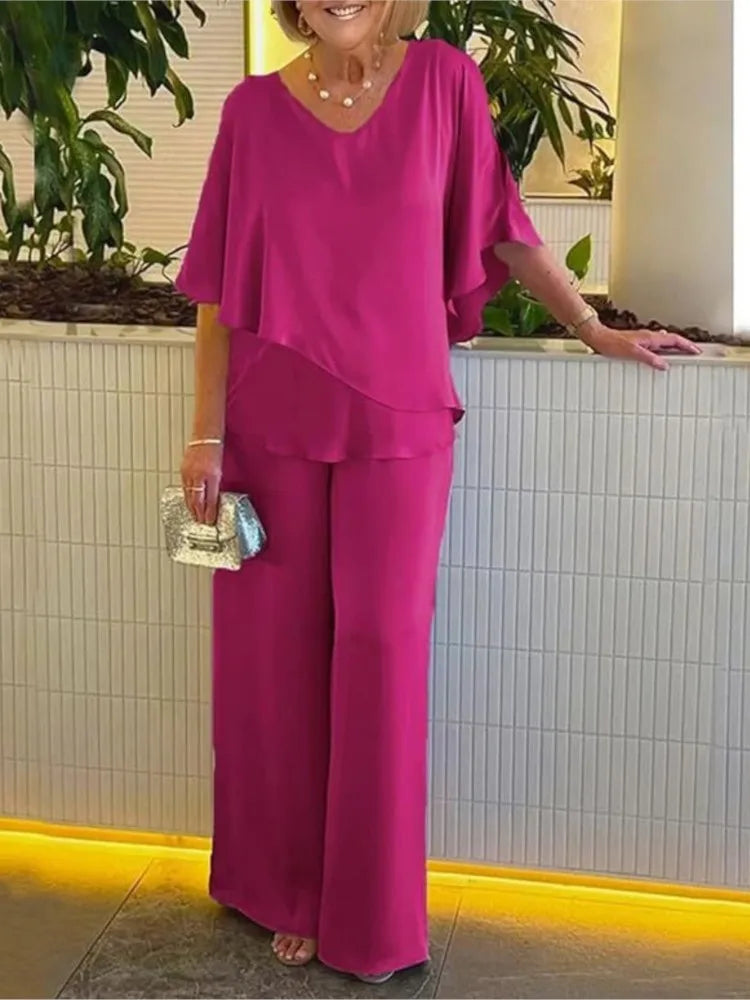 Solène | Short Sleeve Irregular Hem Top & Wide Leg Pants Set
