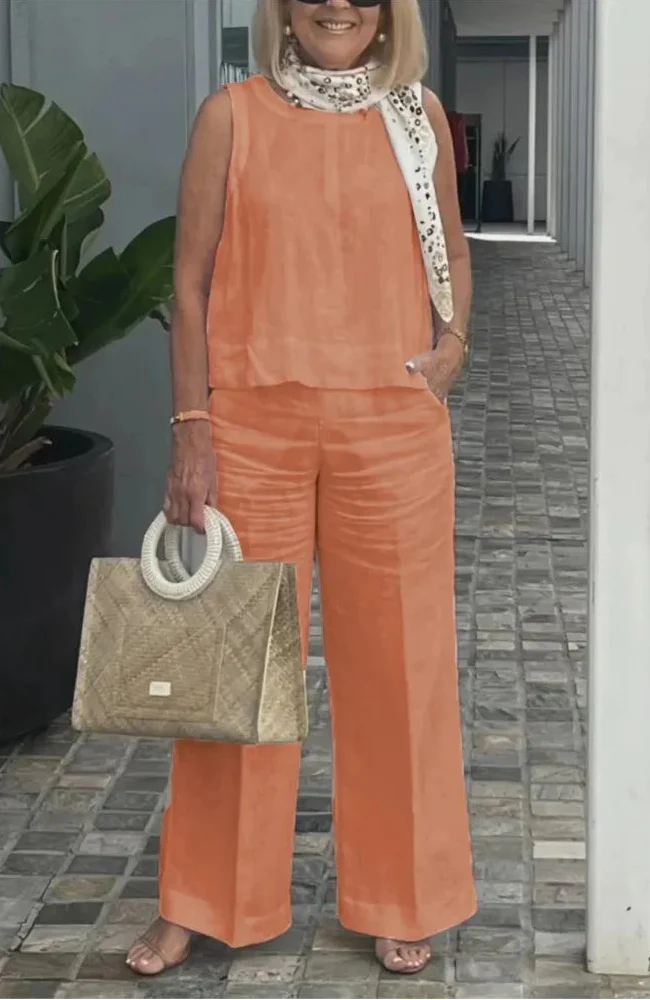 Veradine | Sleeveless Vest & Pocket Trouser Linen Two Piece Set