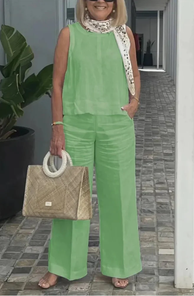Veradine | Sleeveless Vest & Pocket Trouser Linen Two Piece Set