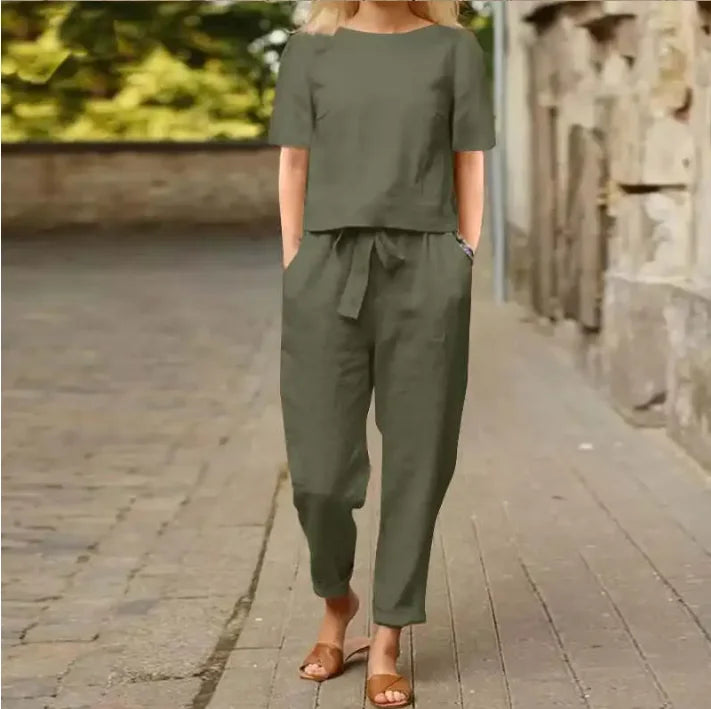 Aurelie | O-Neck Short Sleeve Cotton Linen Top & Pants Set