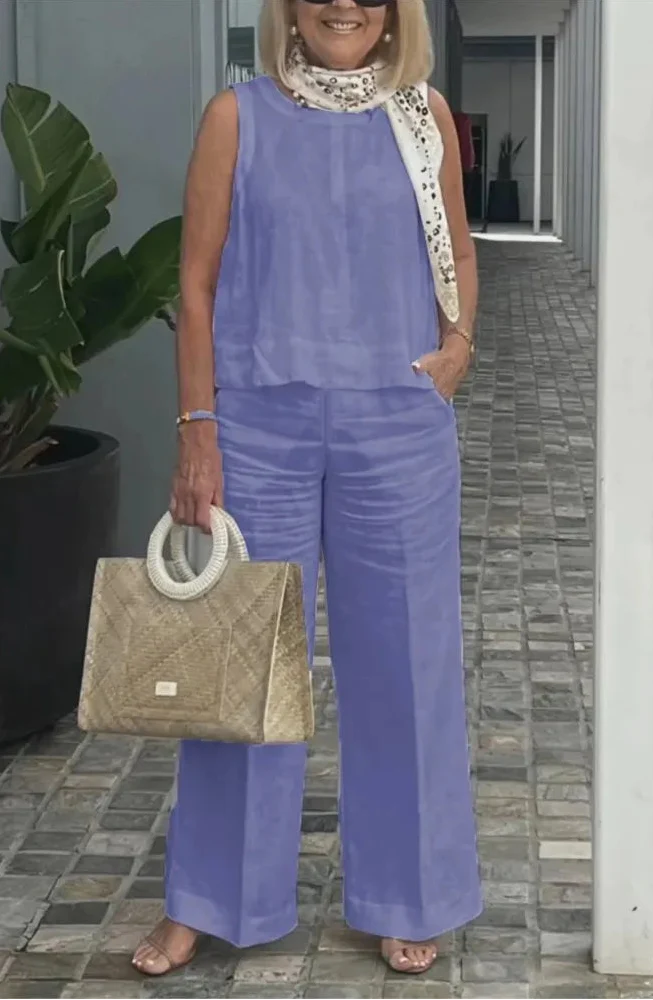 Veradine | Sleeveless Vest & Pocket Trouser Linen Two Piece Set