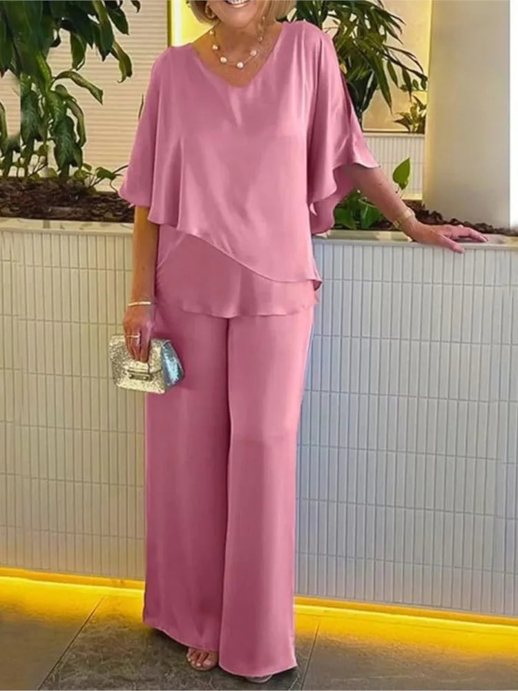 Solène | Short Sleeve Irregular Hem Top & Wide Leg Pants Set