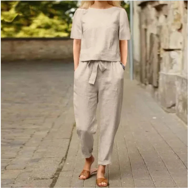 Aurelie | O-Neck Short Sleeve Cotton Linen Top & Pants Set