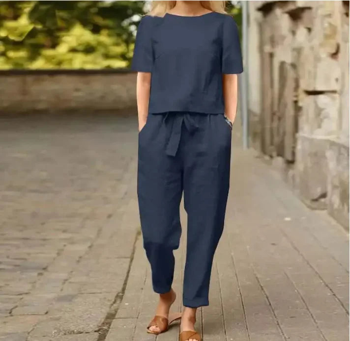 Aurelie | O-Neck Short Sleeve Cotton Linen Top & Pants Set