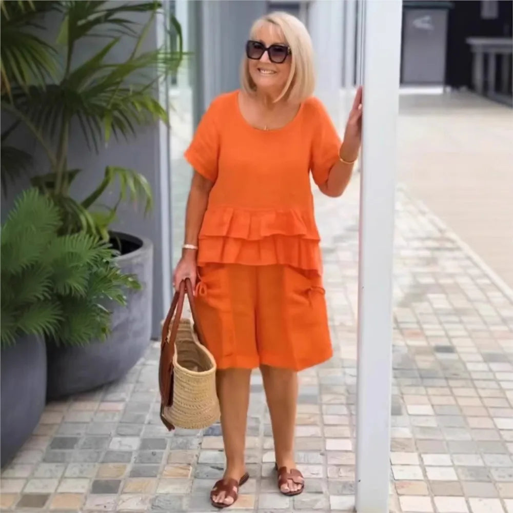 Brielle | Ruffle Trim Short Sleeve Top & Shorts Casual Set