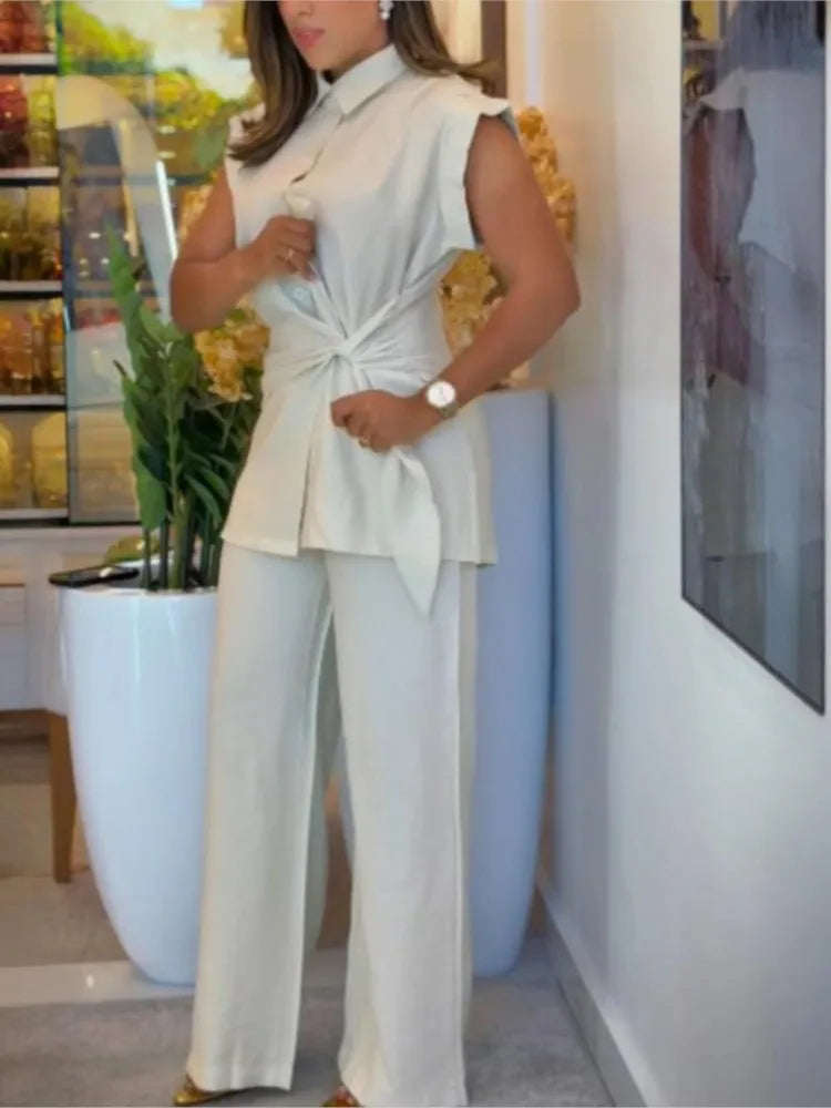 Revienne | Lace-Up Shirt & Wide Leg Pants Office Two Piece Set