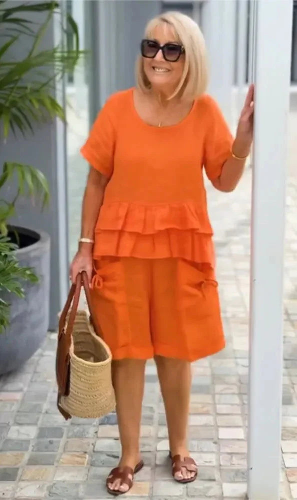 Brielle | Ruffle Trim Short Sleeve Top & Shorts Casual Set