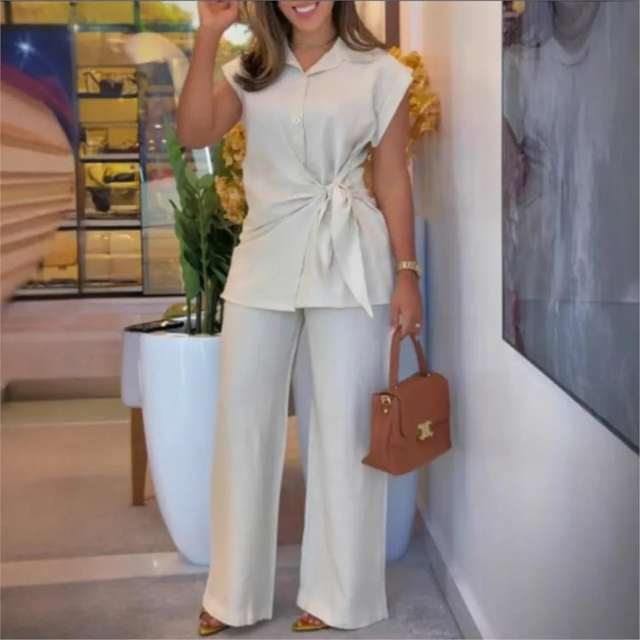 Revienne | Lace-Up Shirt & Wide Leg Pants Office Two Piece Set