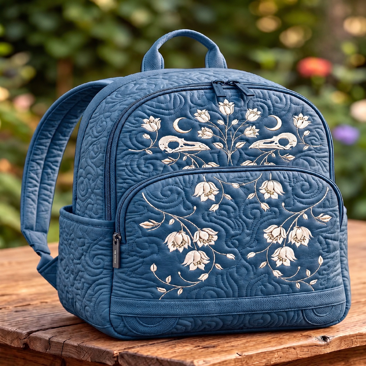 Raven Skull Moon Garden Quilted Backpack – Denim Blue