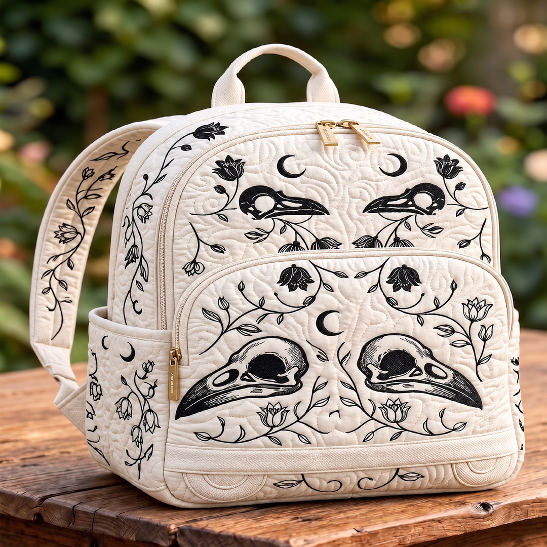 Raven Skull Moon Garden Quilted Backpack – Cream