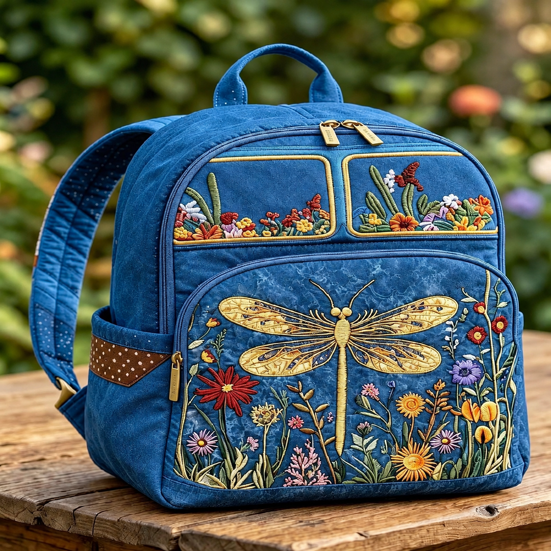 Golden Dragonfly Wildflower Quilted Backpack
