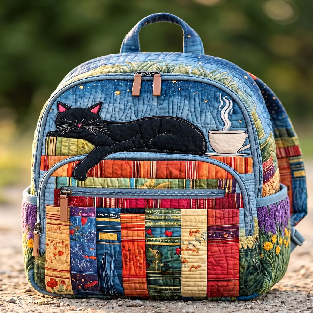 Sleepy Black Cat Bookshelf Quilted Backpack