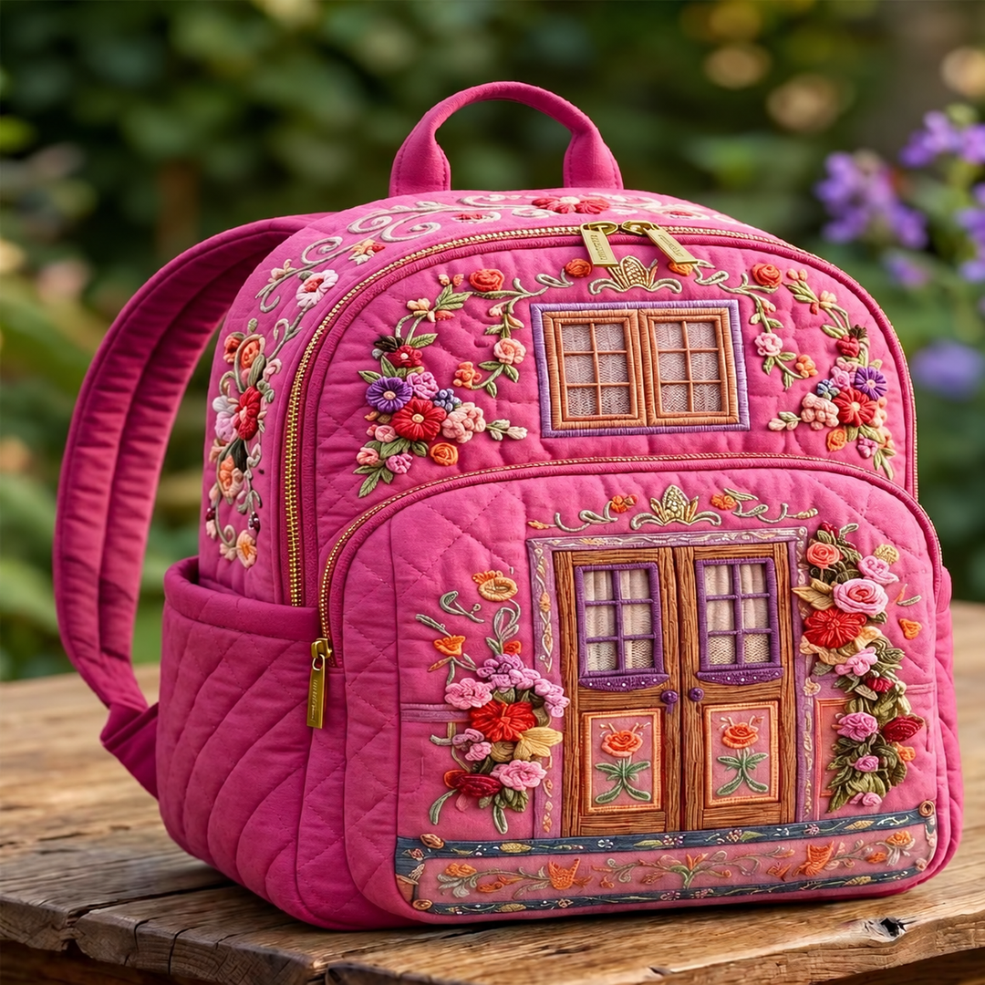 Pink Cottage Door Quilted Backpack
