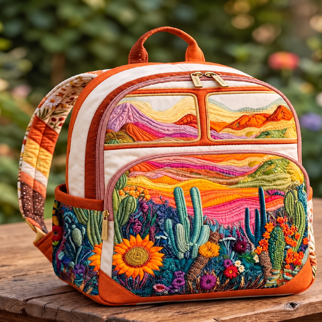 Desert Sunset Cactus Quilted Backpack – Cream & Rust
