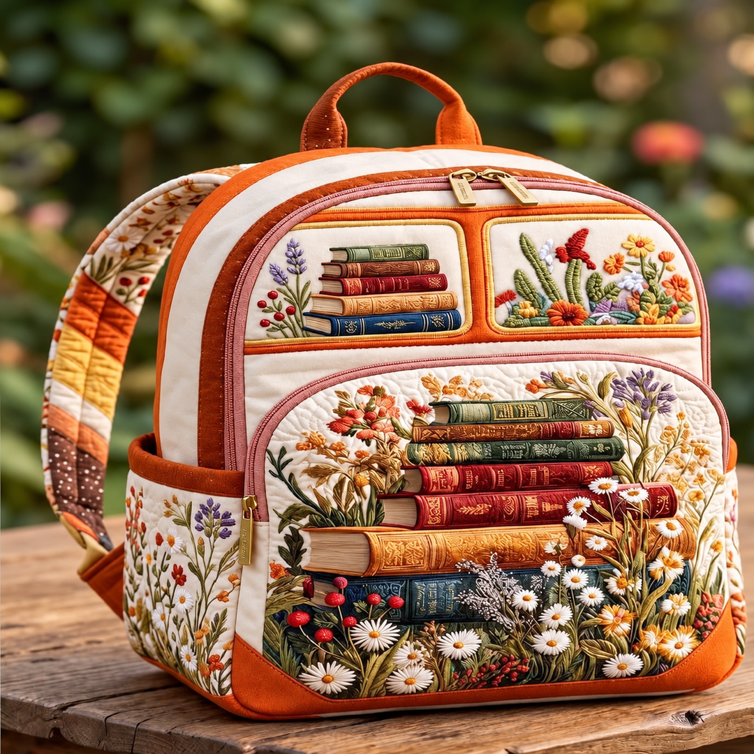 Wildflower Books Quilted Backpack – Cream & Rust