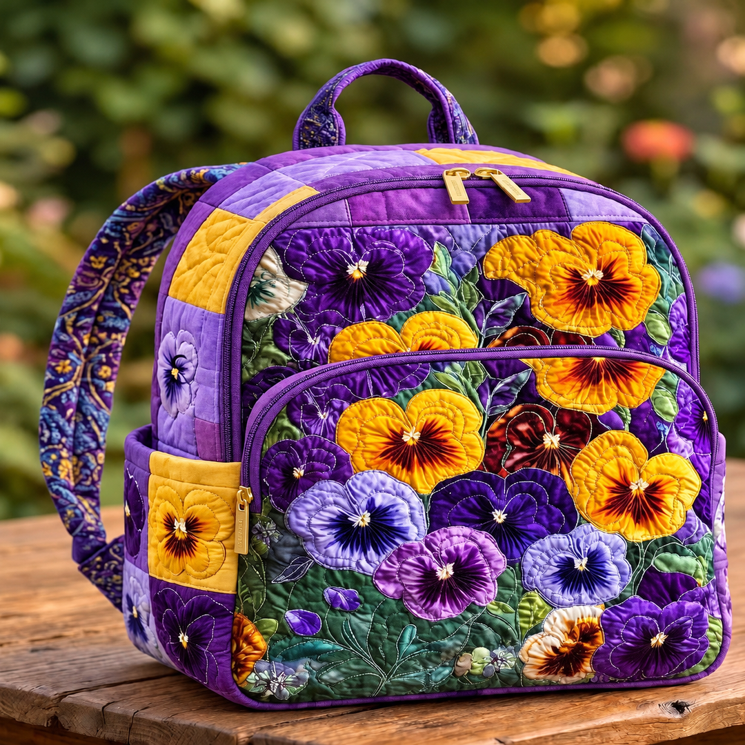 Purple Pansy Patchwork Quilted Backpack