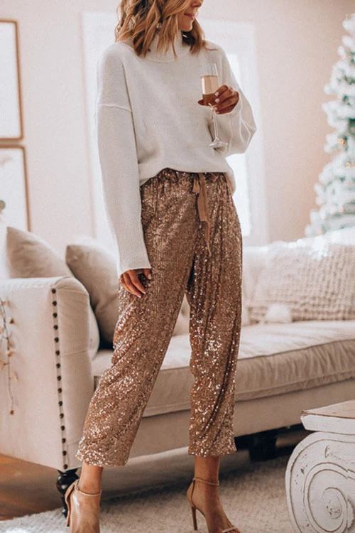 Margovil Drawstring Mid Waist Glitter Sequin Pants
