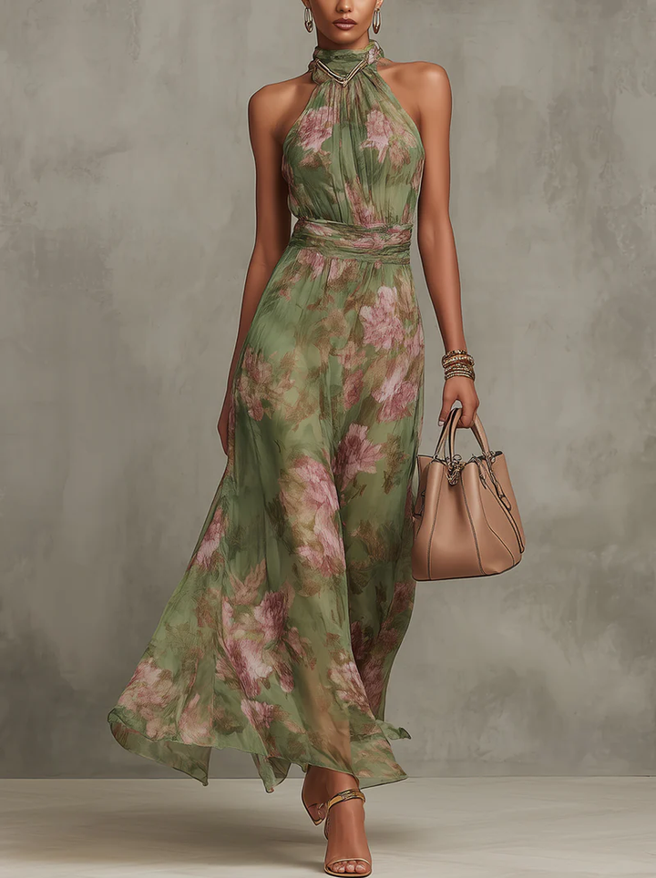 Florine™ | Green Maxi Dress with Floral Print