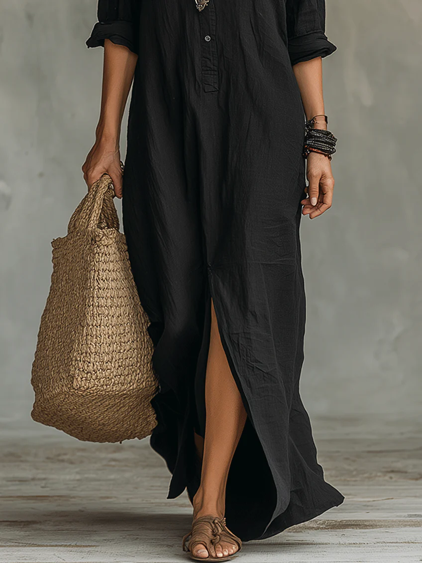 Soline™ | Loose-Fitting Green Maxi Dress with Buttons