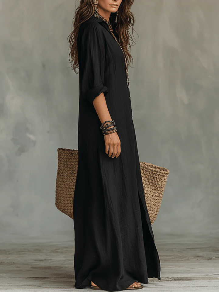 Soline™ | Loose-Fitting Green Maxi Dress with Buttons