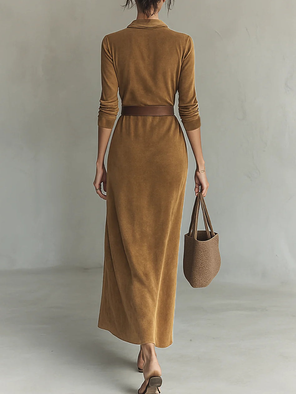 Juline™ | Suede Look Maxi Dress with Lapels