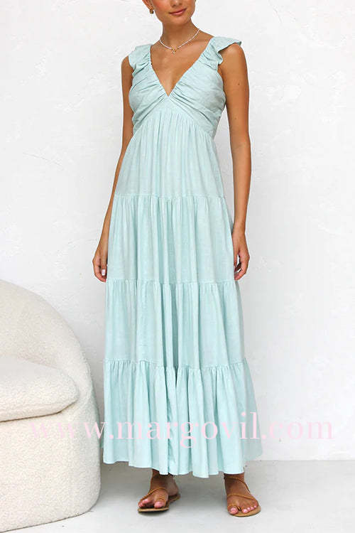 Margovil V Neck Ruffle Trim Tiered Sleeveless Linen Maxi Dress (2 Colors)