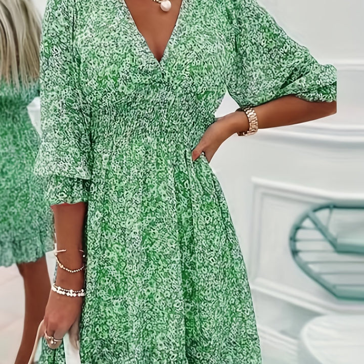 Boharra | Floral V-Neck Flutter Sleeve Shirred Tent Knee-Length Dress