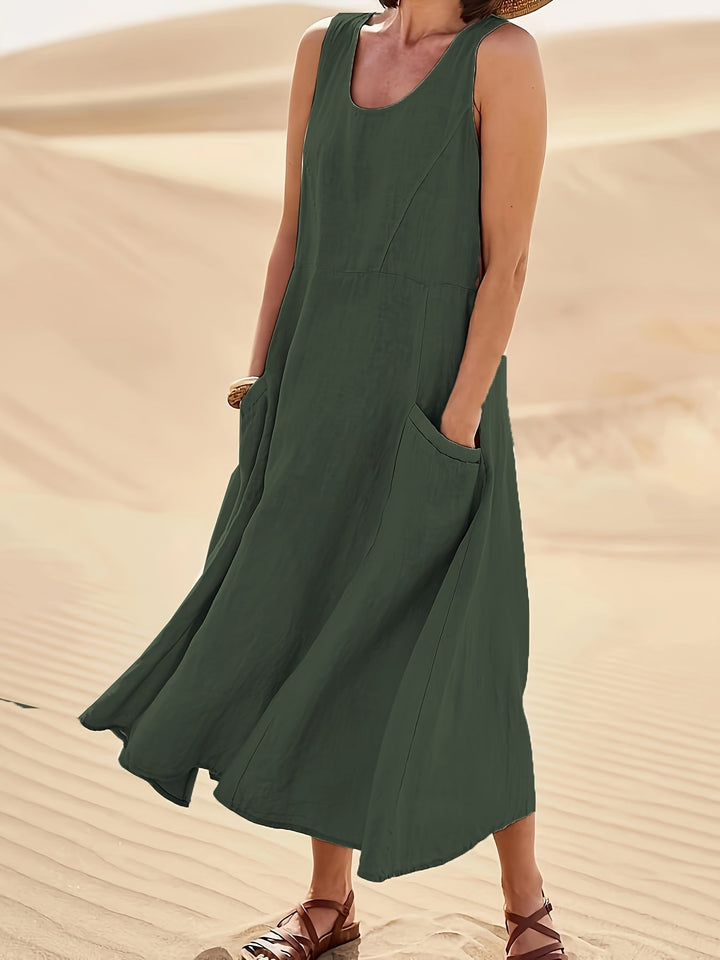 Pockette | Sleeveless A-Line Round Neck Pocket Midi Dress