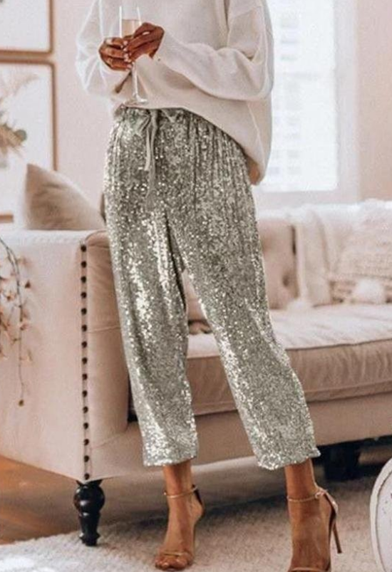 Margovil Drawstring Mid Waist Glitter Sequin Pants