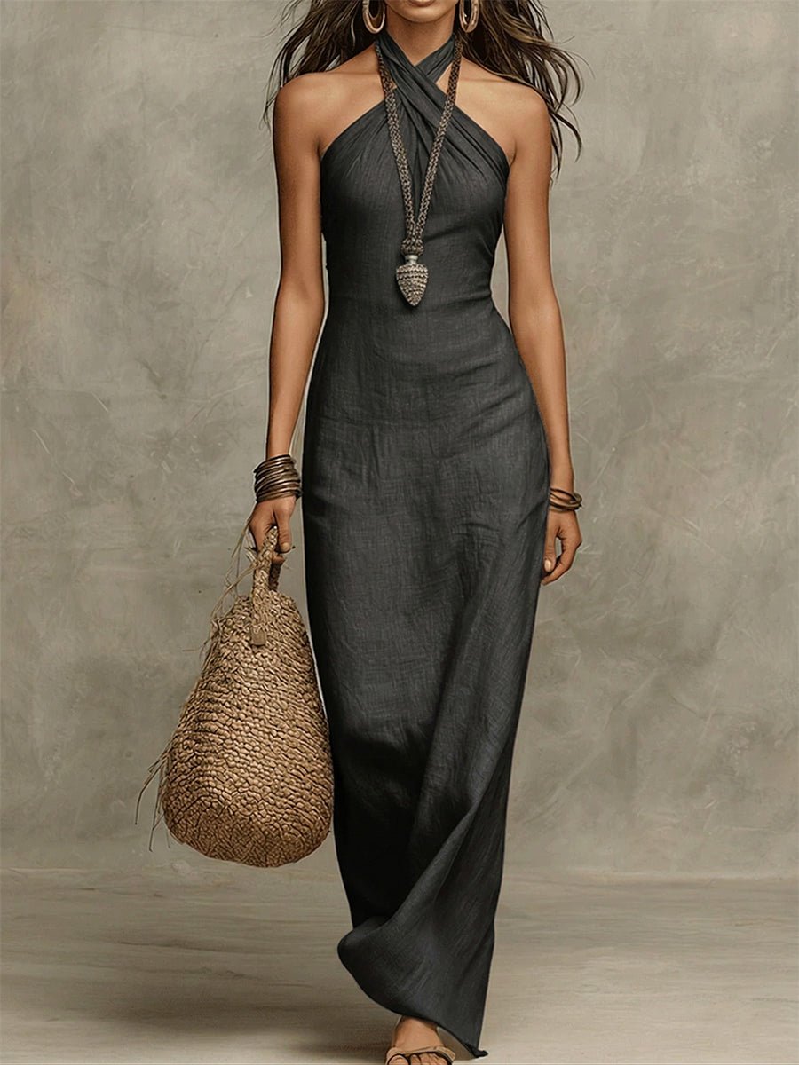 Avelina™ | Voluminous Cotton & Linen Halter Maxi Dress