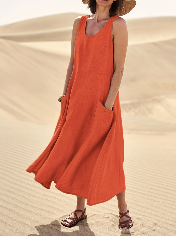 Pockette | Sleeveless A-Line Round Neck Pocket Midi Dress