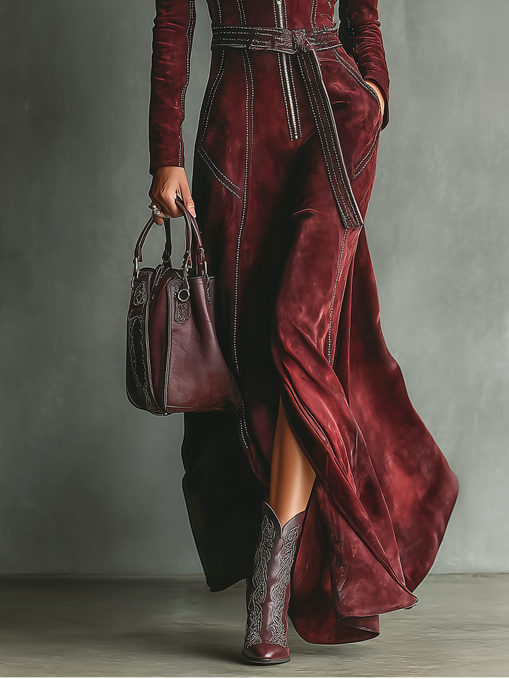 Women's Burgundy Retro Faux Suede Color-Contrast Maxi Dress MDA1321J3T