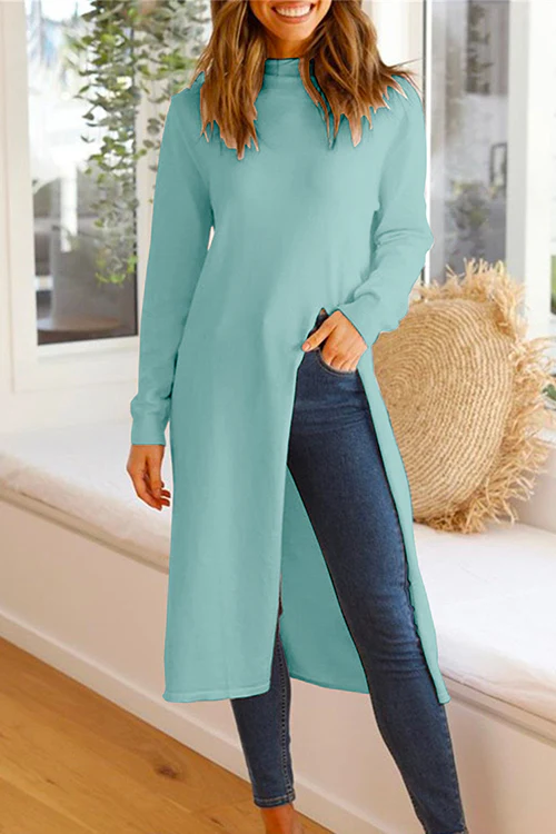Margovil Solid Turtleneck Long Sleeve High Split Dresses