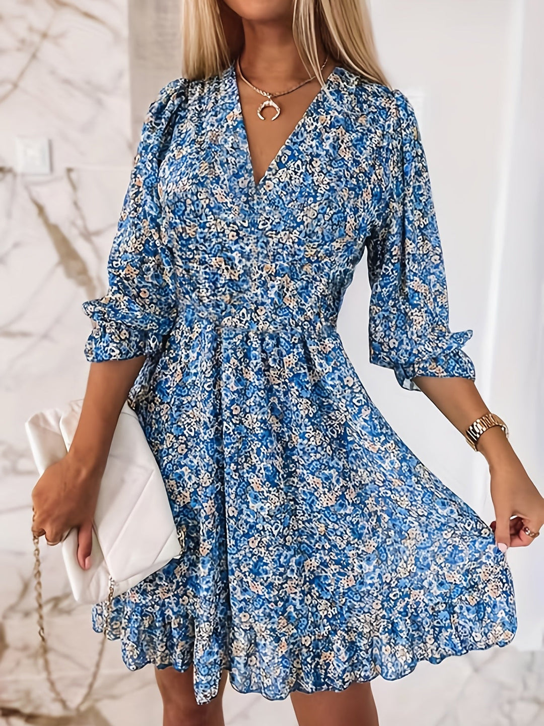 Boharra | Floral V-Neck Flutter Sleeve Shirred Tent Knee-Length Dress