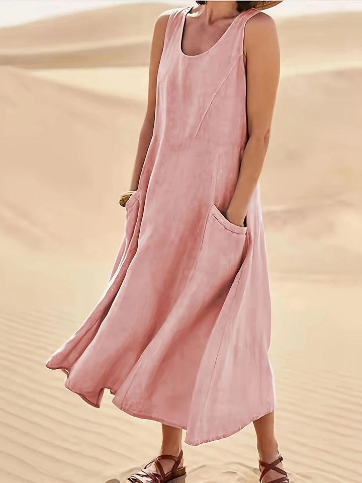 Pockette | Sleeveless A-Line Round Neck Pocket Midi Dress