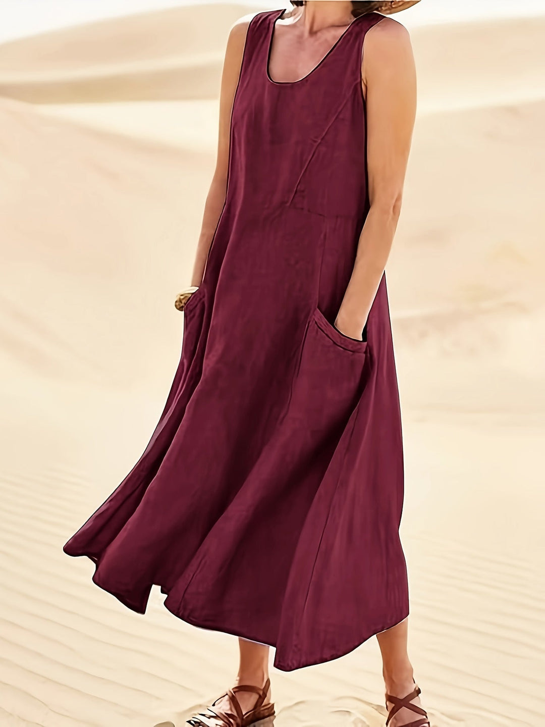 Pockette | Sleeveless A-Line Round Neck Pocket Midi Dress
