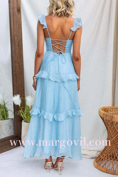 Backless Lace-up Ruffle Trim Sleeveless Maxi Dress
