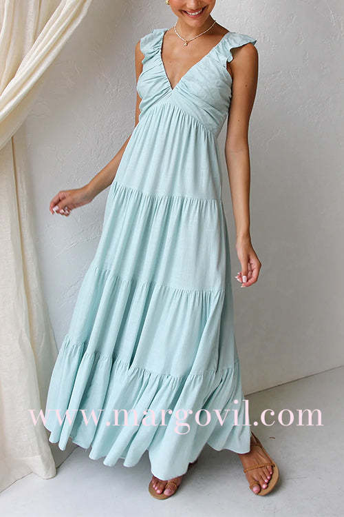 Margovil V Neck Ruffle Trim Tiered Sleeveless Linen Maxi Dress (2 Colors)