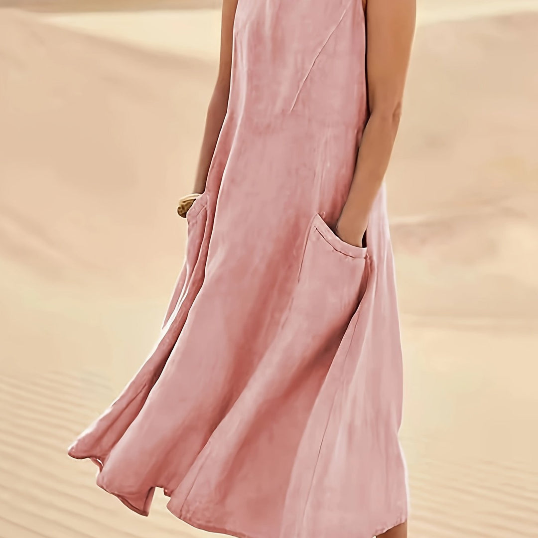 Pockette | Sleeveless A-Line Round Neck Pocket Midi Dress
