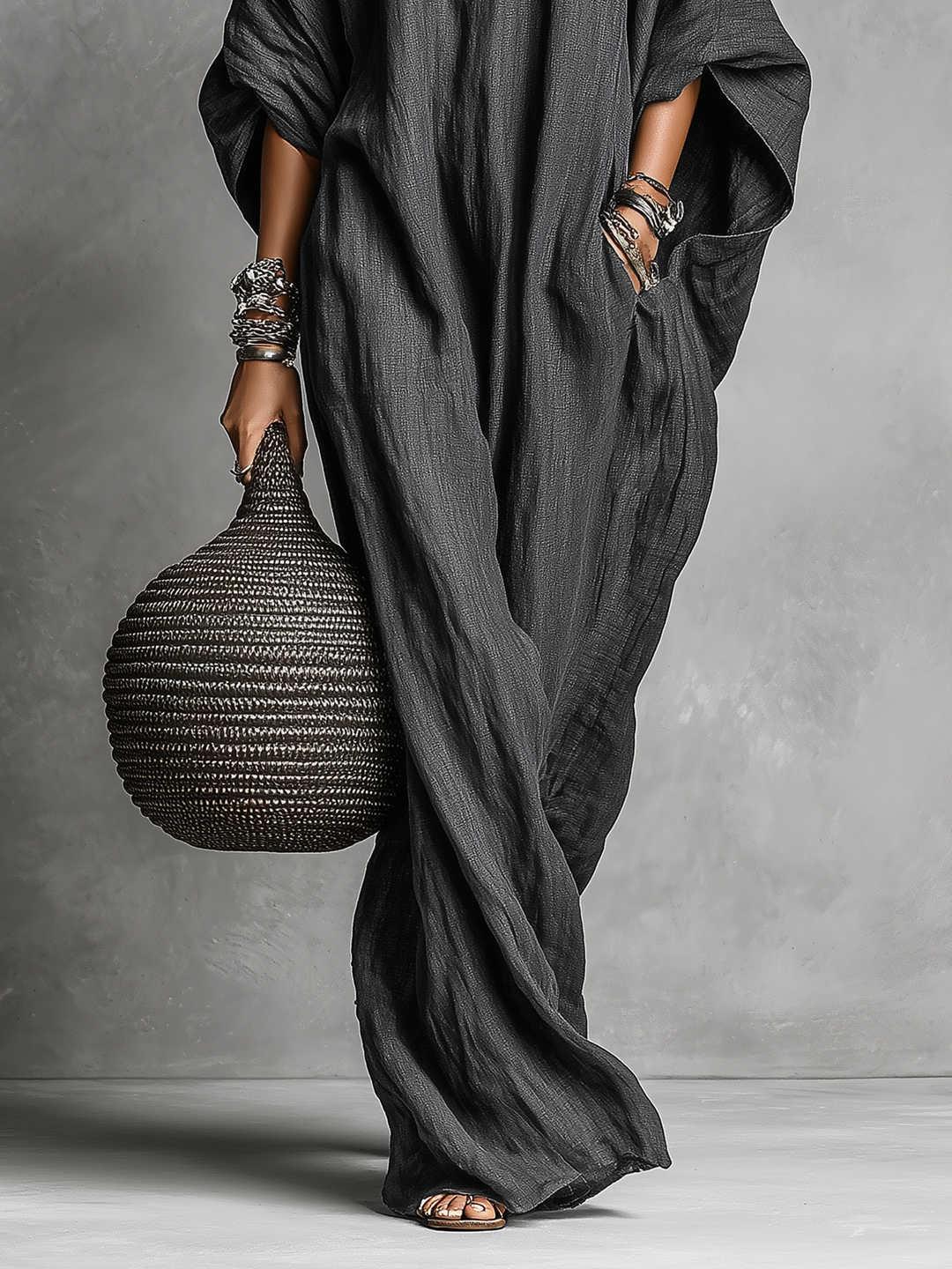 Women's Loose Cotton And Linen Batwing Sleeve Maxi Dress MDA1328K8Y