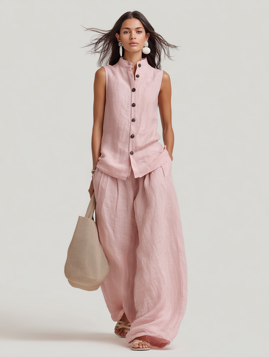 Women's Casual Light Pink Cotton-Linen Sleeveless Crew-Neck Top With Trousers MDZ1601D4LXY
