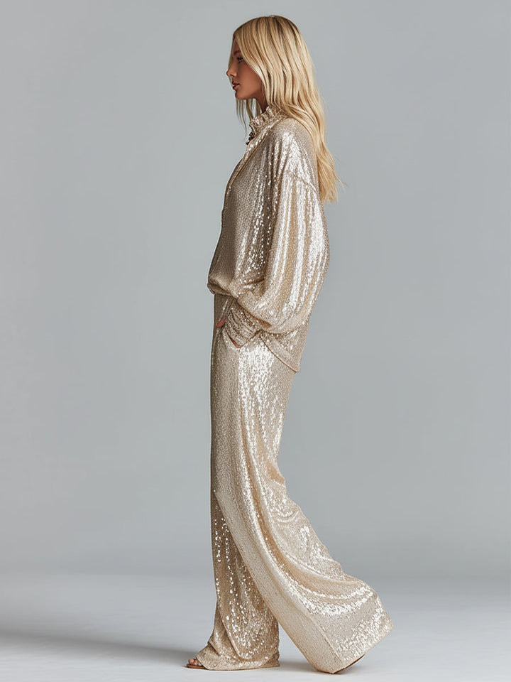 Women's Gold Glamorous Sequin Collared Half - Zip Wide - Leg Loungewear Party Set MDA2425I0I