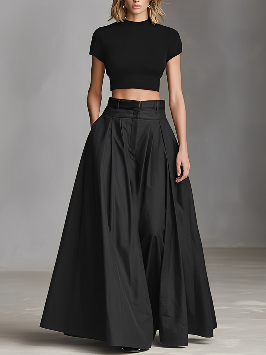Women's Black Stretch-Knit & Woven Set With Cropped Top & Maxi Dress, Timeless Sleek-Chic Style Set (without Belt) MDZ1412A1I