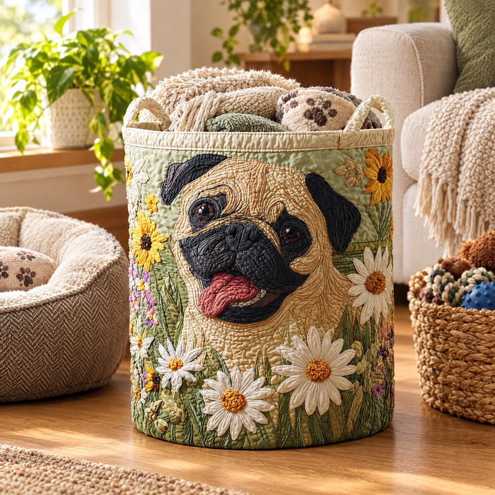 Pug Among the Daisies // Quilted Basket