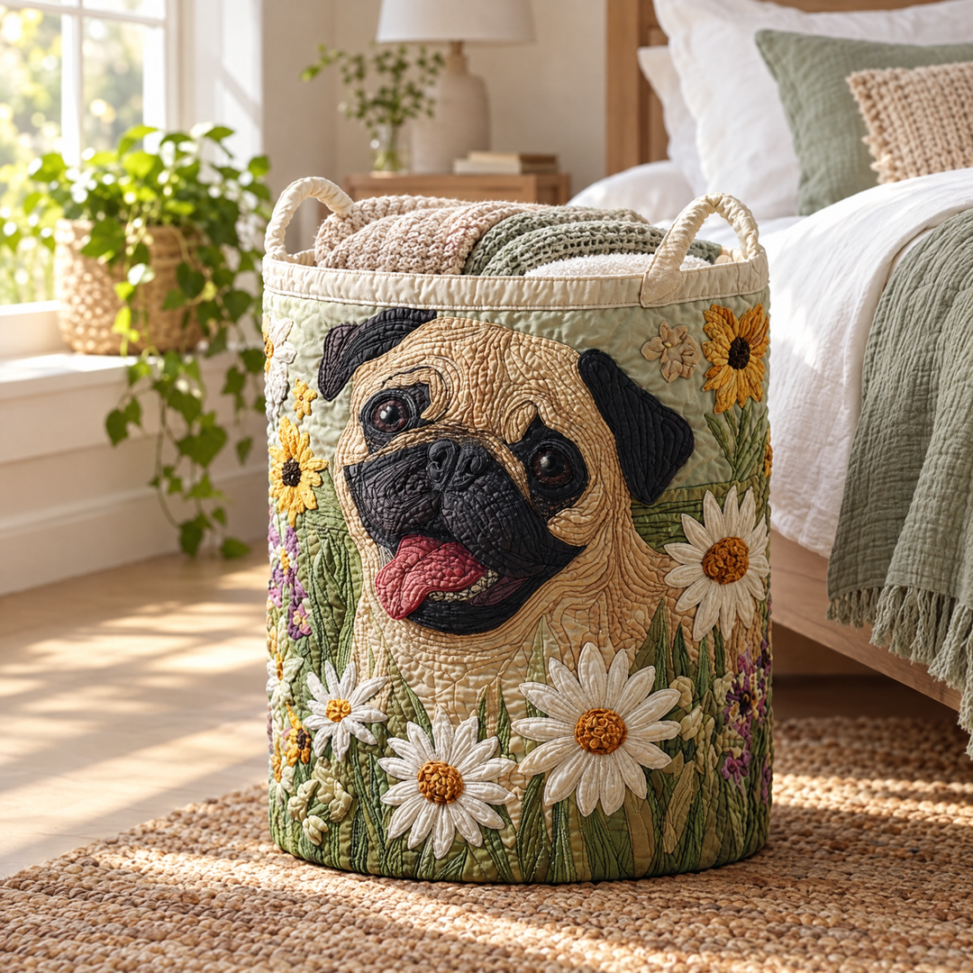 Pug Among the Daisies // Quilted Basket