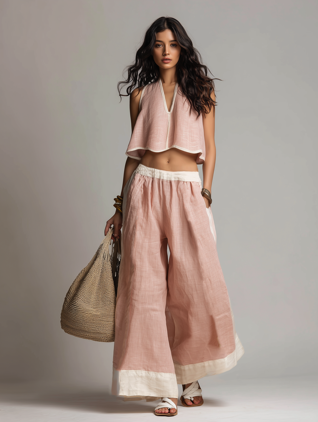 Women's Casual Light Pink V-Neck Sleeveless Top And Trousers Set MDZ2520C4AN