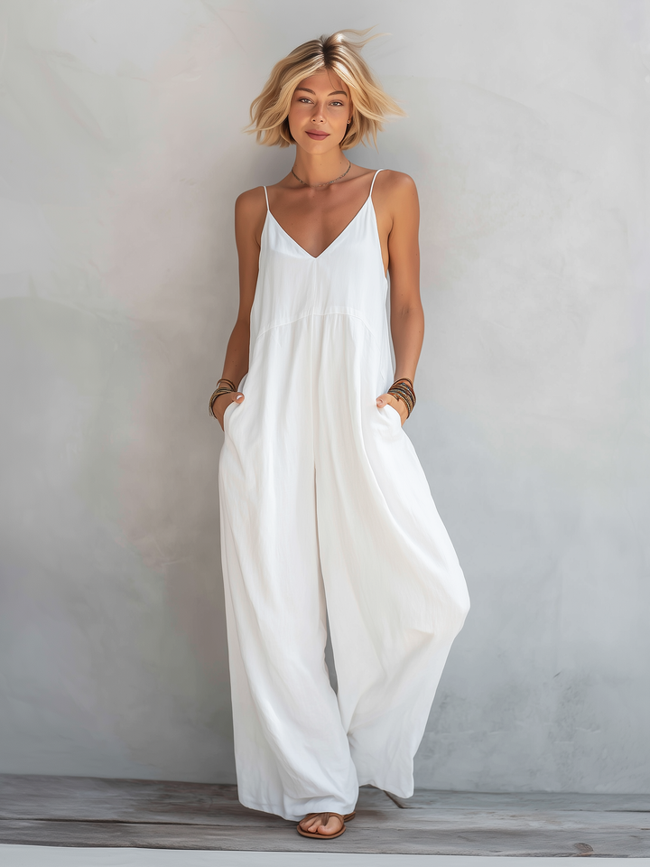 Women's Casual White Cotton-linen Blend Sleeveless Loose Jumpsuit MDZ0246C9AN