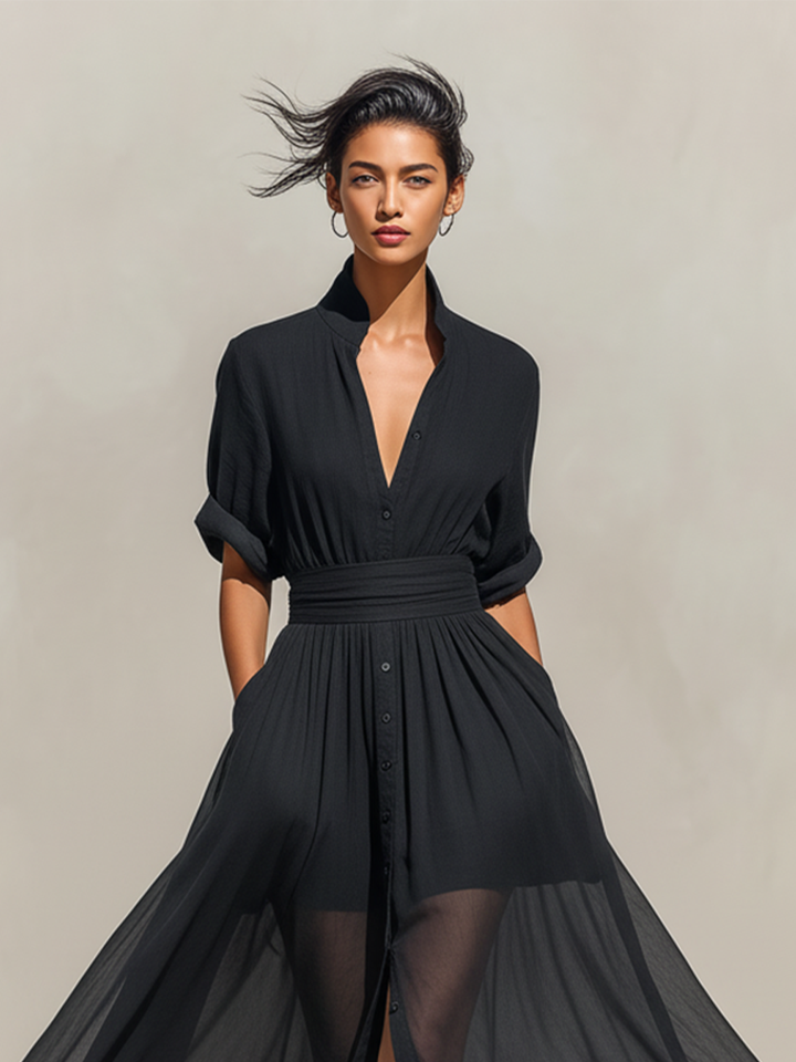 Women's Black Flowy Rayon Dress With Sheer Overlay & Elasticated Waist, Modern Sophisticated-Resort Style Dress MDZ1863C5I